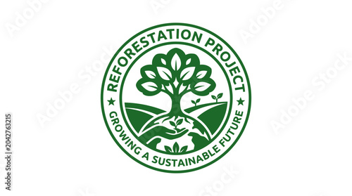 Green circular logo with tree, hands and growing plants, representing reforestation and sustainability