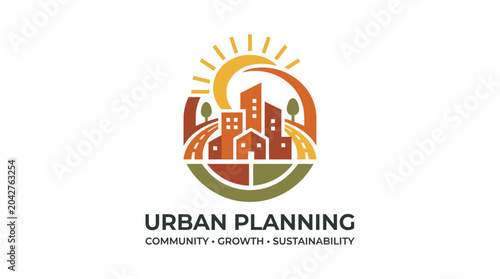 Urban planning concept with city skyline, roads, and sun, vector illustration