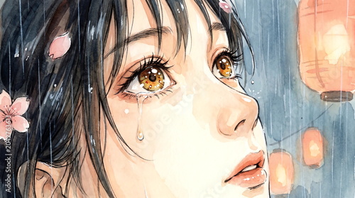 Close up illustration portrait of an anime girl looking up with bright eyes