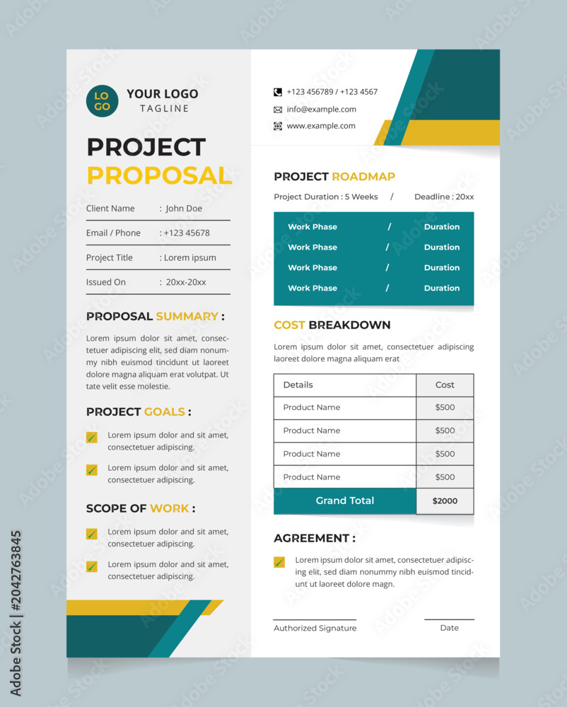 Obraz premium Modern Project Proposal Template with Teal and Yellow Corporate Business Layout