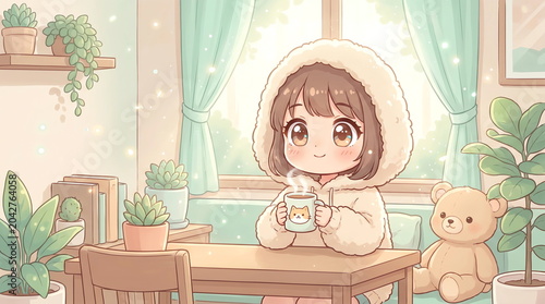 Cute anime girl reading a book at her desk in a bright cozy room