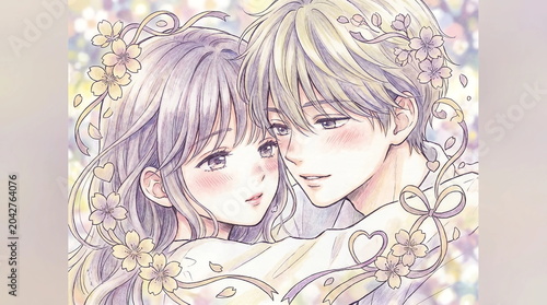 Soft pastel illustration of a romantic anime couple close together
