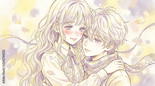 Light color sketch style illustration of a loving anime couple