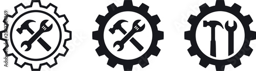 Mechanical Settings Configuration Gear and Hand Tools Icon Set with Crossed Wrench and Hammer Symbols for Technical Repair Service and Industrial Engineering BrandingMechanical Settings Configuration 