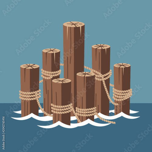 Photography Wooden Bollards and Rope in Water, Nautical Scene