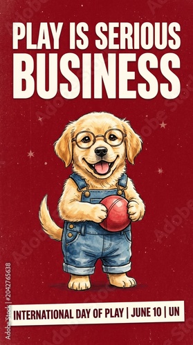 Playful dog in overalls holding ball on red background