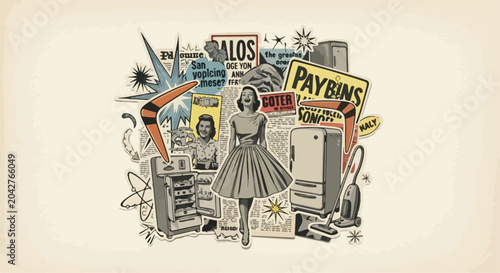Vintage 1950s retro collage vector, mid-century lifestyle elements with housewife and appliances, nostalgic pop art illustration for posters