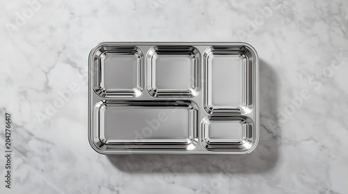 Stainless Steel Bento Box with Multiple Compartments on a Marble Surface.