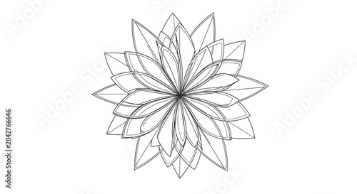 Abstract geometric flower outline, symmetrical petal design, minimalist line art illustration