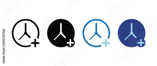 Extra hour icon set. clock with plus symbol. overtime and time extension concept. vector illustration. white background