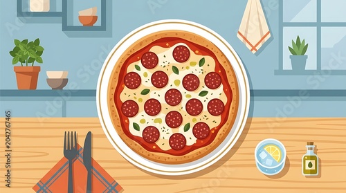 A delicious pepperoni pizza sits on a plate on a kitchen table with a napkin and cutlery.