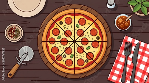 A delicious pizza with various toppings on a wooden table with utensils and condiments