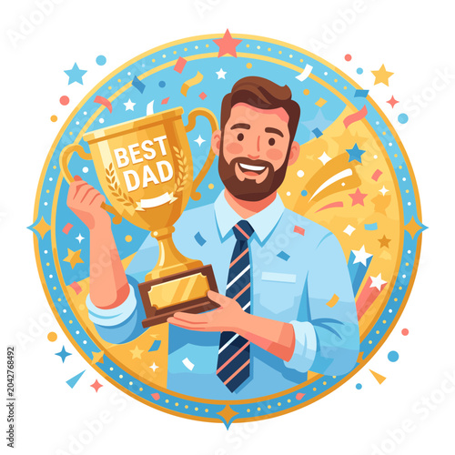 Happy Father's Day illustration featuring a proud dad holding a 'Best Dad' trophy surrounded by confetti and festive decorations