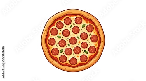 A delicious pepperoni pizza with melted cheese and basil on a white background.