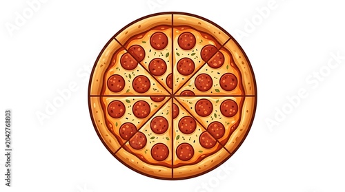 Illustration of a delicious pepperoni pizza cut into slices on a plate