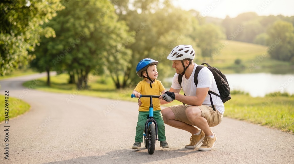 Fototapeta premium Father teaching young son to ride balance bike on sunny park path with lake