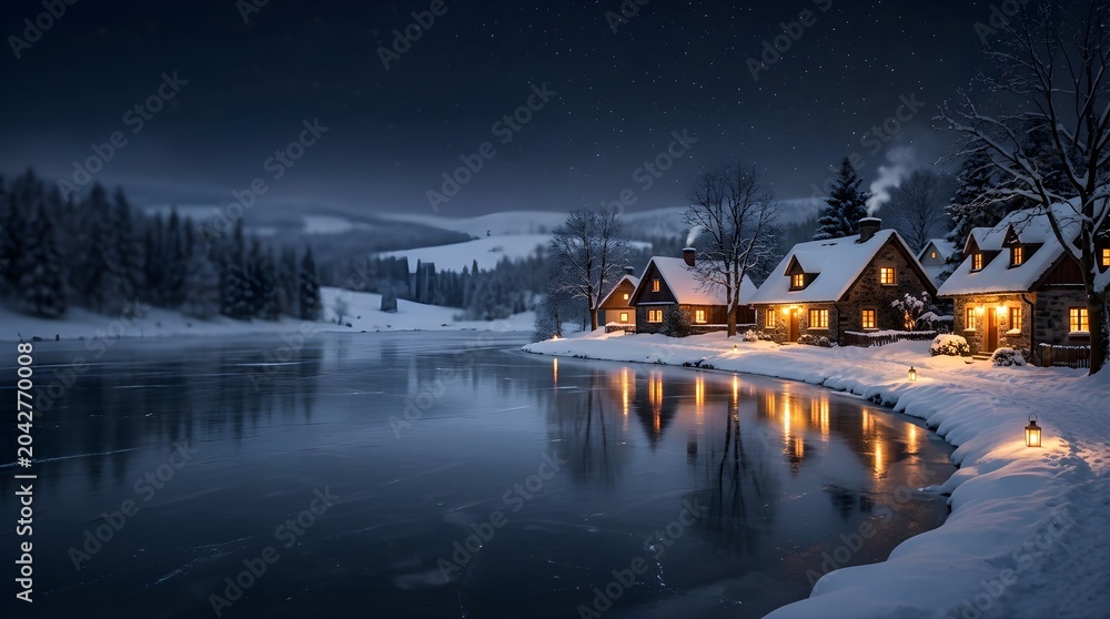 Fototapeta premium Illuminated cozy cabins by a frozen lake in a winter night landscape