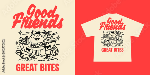 Vintage Retro Beach T-shirt Design with Cute Fast Food Mascot Characters
