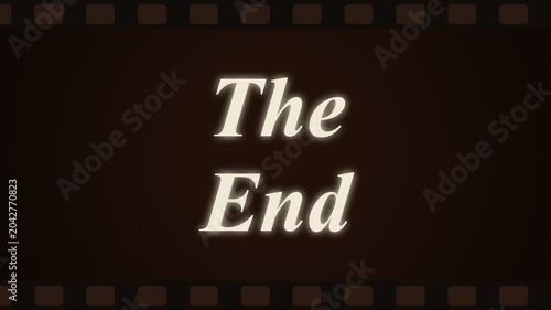 Vintage Film The End Outro Screen with Authentic Grain Scratches and Flickering Sprocket Holes Frame