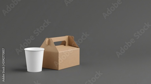 Minimalist composition featuring a white paper cup and a brown cardboard box on a gray background.