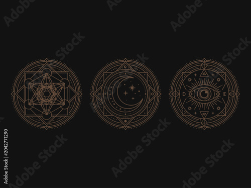 Foto Set of Sacred Geometry Celestial Symbols in Rose Gold: Mystical Moon, All-Seeing