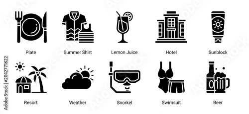 Schilderij op canvas Resort leisure icon set featuring hotel,summer drink,snorkel and relaxation elements for tropical tourism and vacation projects