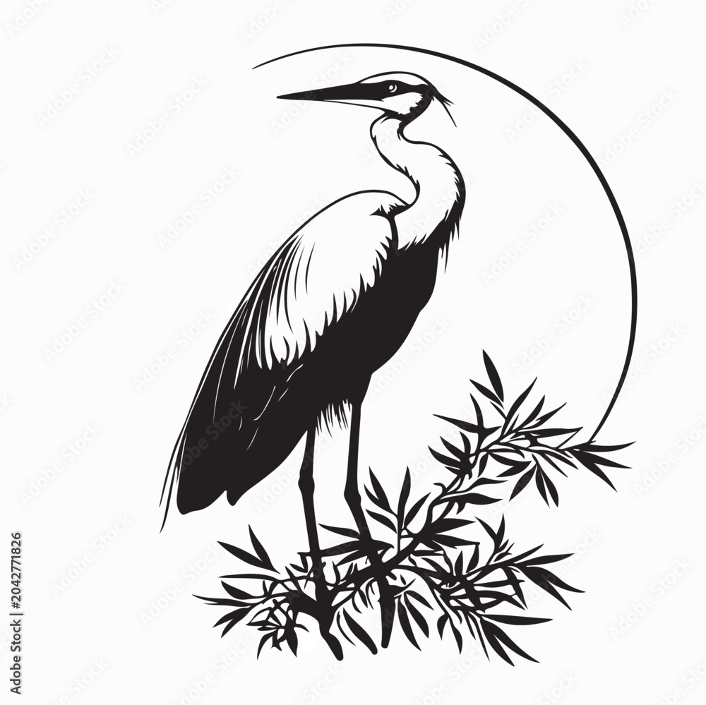 Naklejka premium Ardea Cinerea Bird Standing Among Leaves Image Vector Isolated On White Background