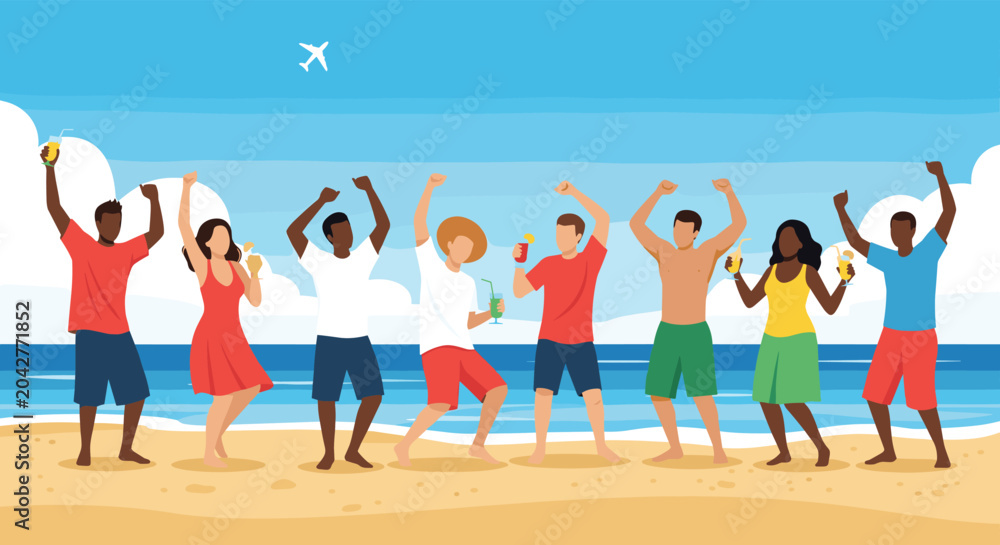 Obraz premium Diverse group of friends dancing and celebrating on a tropical beach while enjoying colorful cocktails under a clear blue sky.