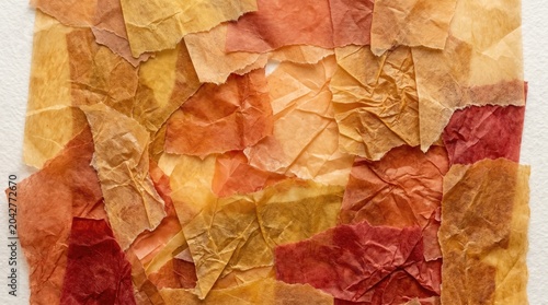 Crumpled paper collage in warm autumn colors on white background