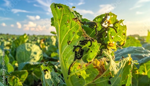 Caterpillars infest a cabbage, leaves eaten, on a farm. Plants stretch towards blue sky with sunny glow