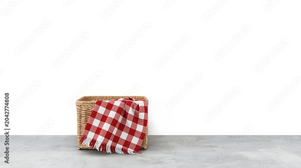 Obraz premium Picnic basket with red and white checkered cloth on a concrete surface.