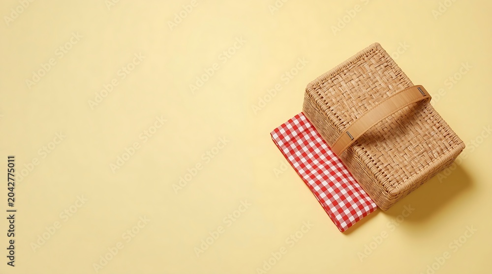 Obraz premium Picnic basket with red and white checkered cloth on a yellow background.