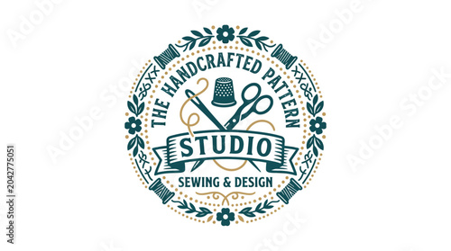 Cuadro en lienzo Handcrafted sewing and design studio logo with spools, scissors, and thimble