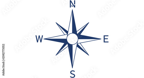 Foto Blue Compass Rose with Cardinal Directions N, S, E, W on White Background