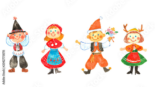 фотографія ヨーロッパの民族衣装を着た可愛い子どもたちの手描きイラストセット
Hand-drawn illustration set of cute children in