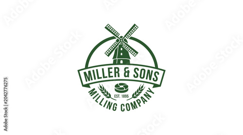 Photos Retro windmill emblem for milling company with wheat stalks and text