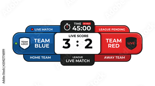 Live sports scoreboard graphic team blue 3 team red 2 first half display