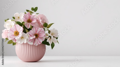 Beautiful Floral Arrangement in Soft Pink Vase Featuring Striped Flowers and Delicate Blossoms on Light Background