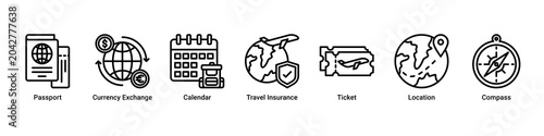 Bild auf Leinwand Travel Planning web banner icon vector illustration with icons of Passport, Curr