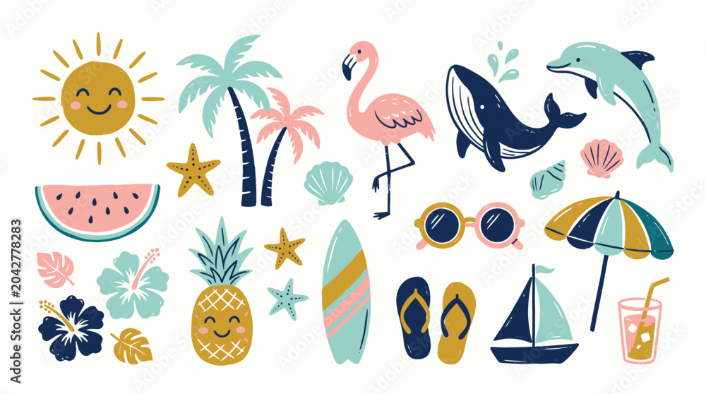 Obraz premium Cute hand-drawn summer vacation doodles set with tropical palm trees, flamingo, whale, dolphin, surfboard, and sun characters. Perfect for seasonal beach travel stickers and holiday card designs.