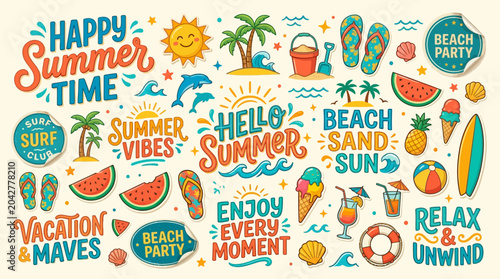 Bild auf Leinwand Large collection of vibrant summer stickers and hand-drawn lettering elements featuring icons like palm trees, tropical fruits, sun, surfboards, and ice cream for beach vacation graphic designs