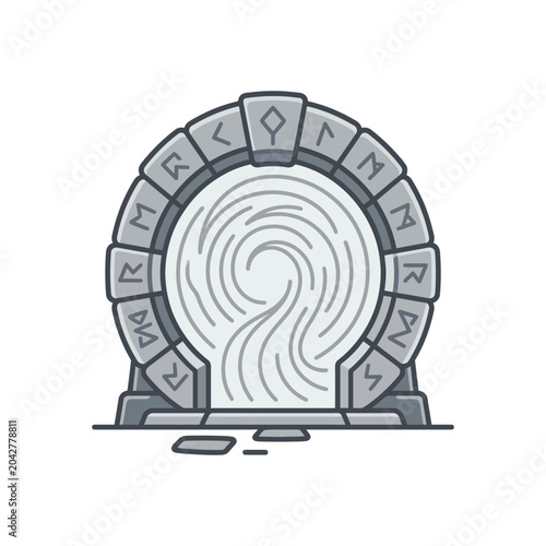 Quadro su tela Ancient stone gateway portal with glowing runic symbols.