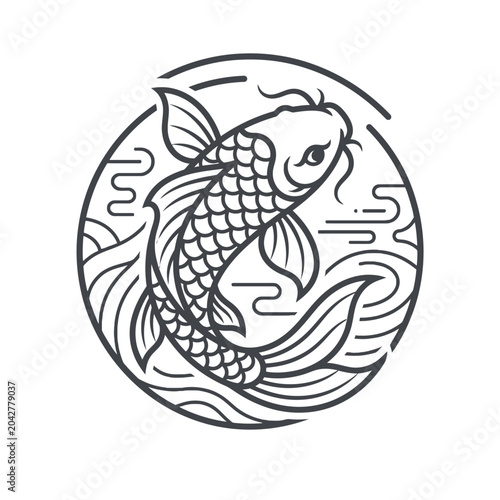 Traditional Japanese koi fish in circular wave frame.