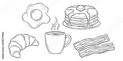 Schilderij op canvas Classic breakfast food set featuring fried egg pancakes croissant coffee cup and crispy bacon line drawing illustration