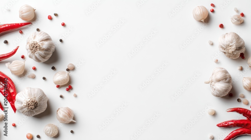 Obraz premium Fresh Garlic and Red Chili Peppers on a White Table Background for Culinary and Food Photography Projects