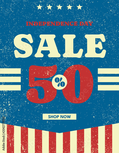 Independence Day 4th of July sale poster background design. Special offer 50 percent off promotional template with patriotic stars and striped flag in retro vintage style. Vector illustration