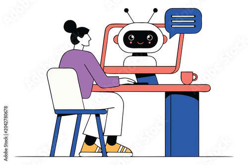 Woman Chatting with AI Chatbot on Computer Vector Illustration