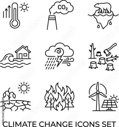Climate Change Icons Set: Global Warming, Pollution, Natural Disasters, Renewable Energy