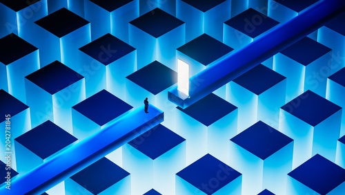 Man steps through door into new dimension with abstract background