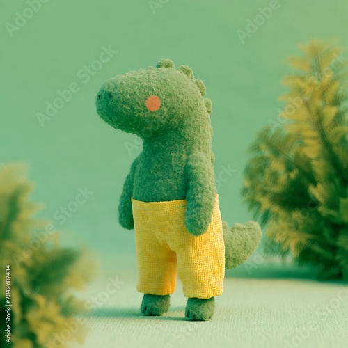 Adorable handcrafted green dinosaur plushie in vibrant yellow pants, standing upright in a whimsical soft-focus natural environment, embodying joyful innocence and creative imagination